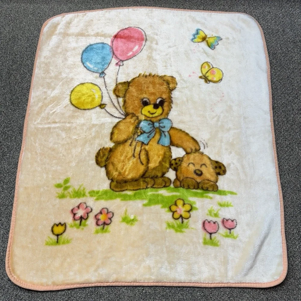 Minky Plush Baby Blanket Bear Balloon Pet Puppy Kawaii PINK Korea Vintage 39x45